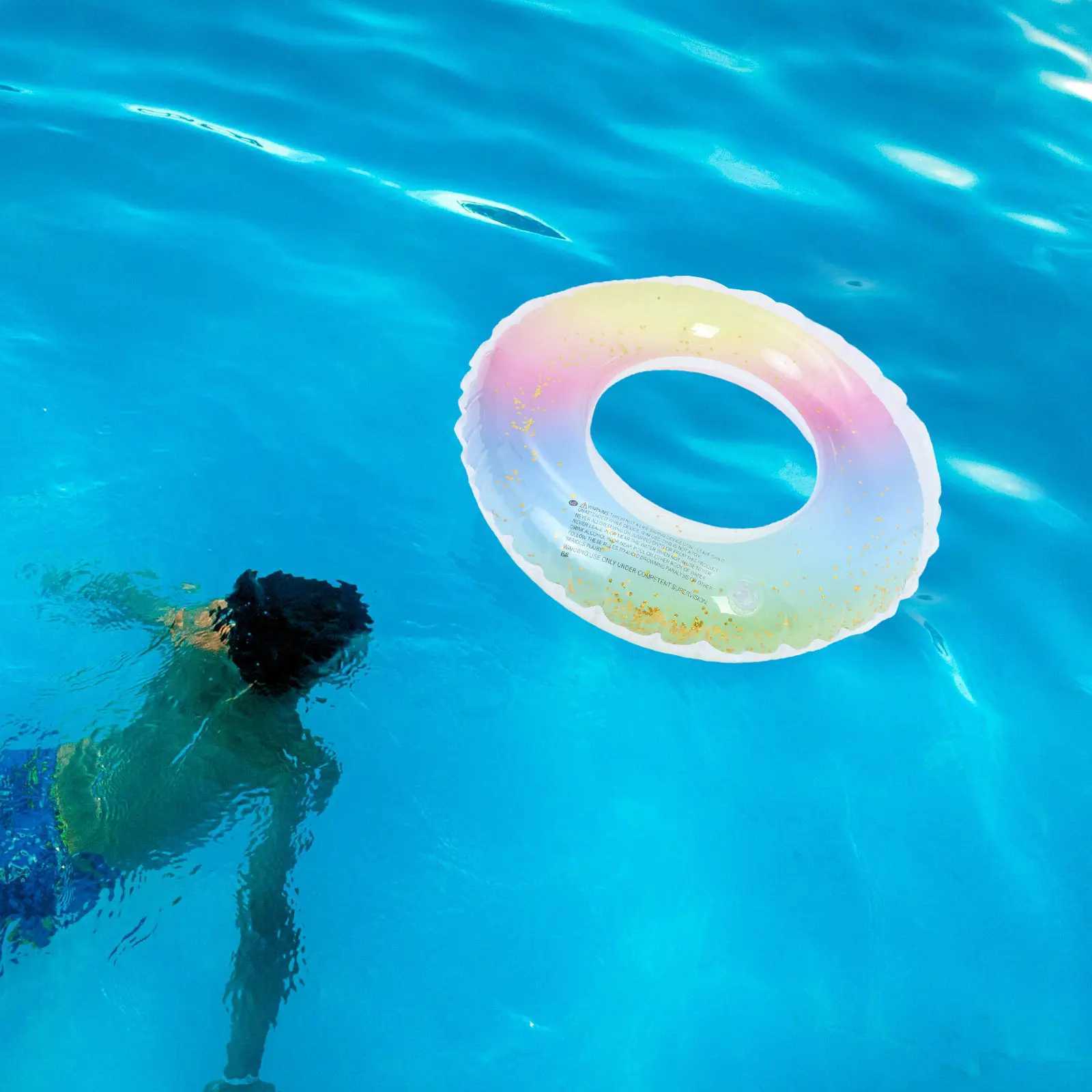 Gradient Rainbow Thicken Sequins Inflatable Swim Ring Safety Float Seat 60Cm for Adult Woman Pool Beach Lake Use M260316