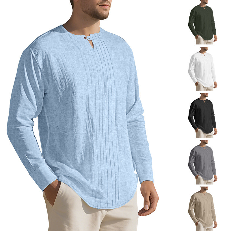 Polo European And American Round Neck Designer Hoodie Long Sleeve New Designer T-shirt Solid Color Linen Design European American Men's Casual Sports Henley Shirt