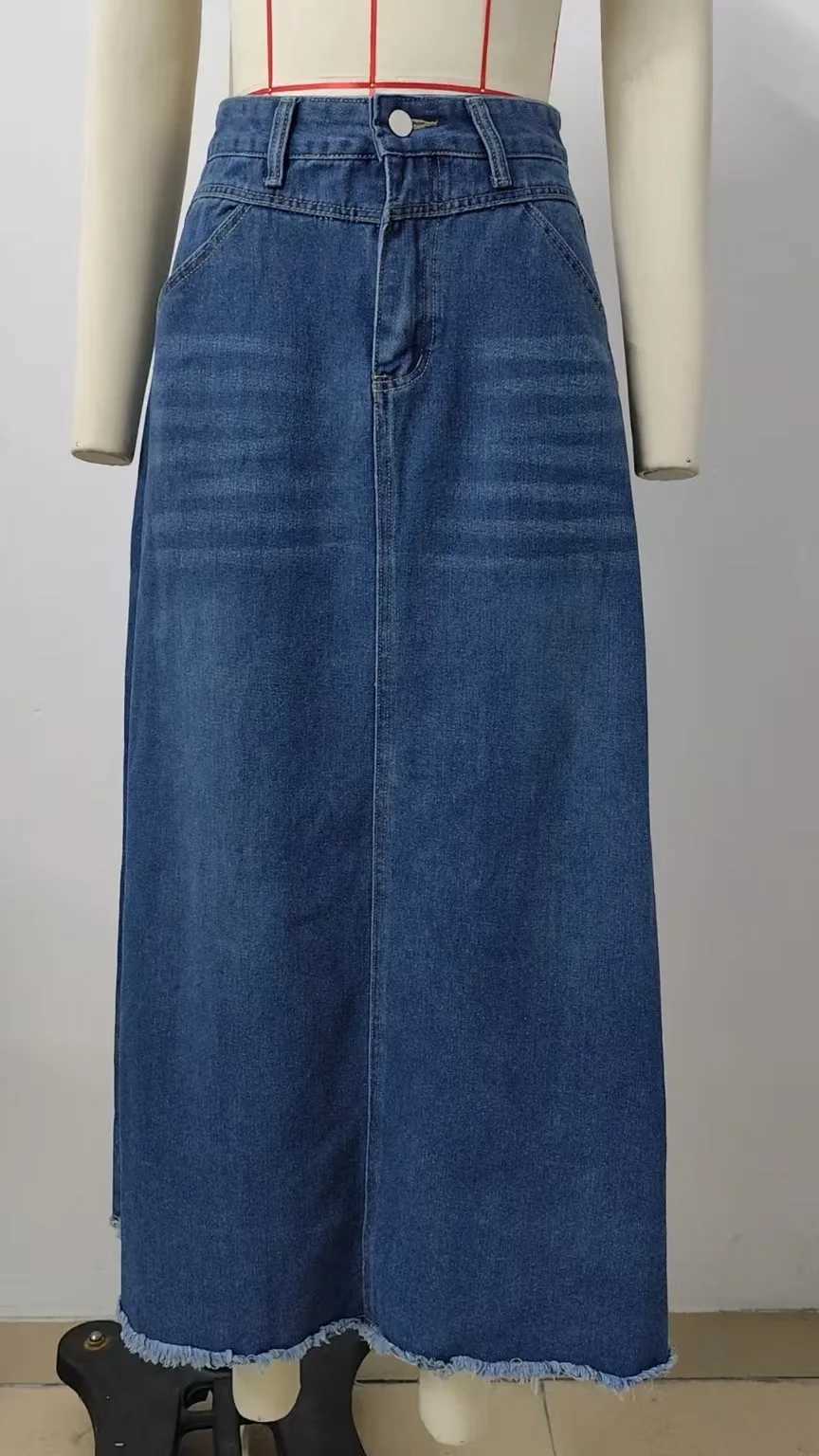 Denim Long Skirt Women Summer Basics Skirts Streetwear High Waist Washed Distressed Pockets Button 2025 Female Vintage A Line M260316