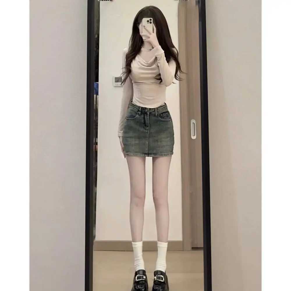 Fashion High Waist Mini Skirt Retro Slim Fit Short Skirt A-Line Casual Jean Skirt s M260316