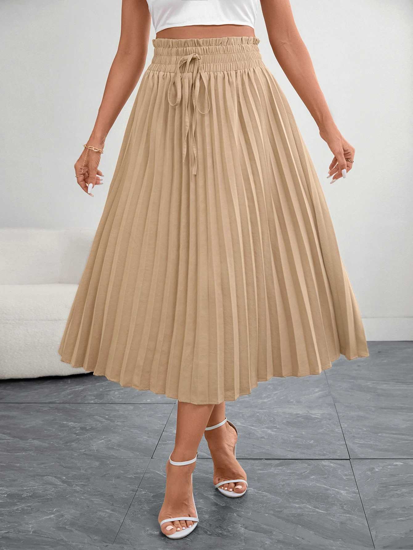 Womens Beige Pleated Midi Skirt Elegant a Line Half Skirt with Elastic Waistband Perfect for Office Wear M260316