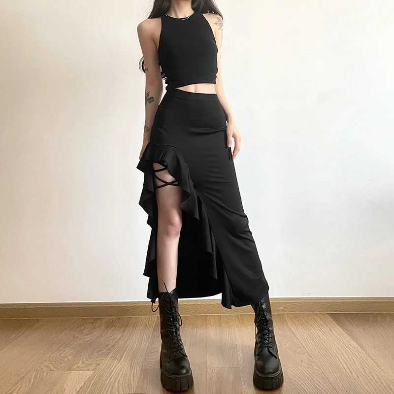 Women Spring Autumn Lace-up Slit Skirt Female Sexy Slim Wrap Hips Asymmetrical Skirts New Style Fashion Ankle-Length Midskirts M260316
