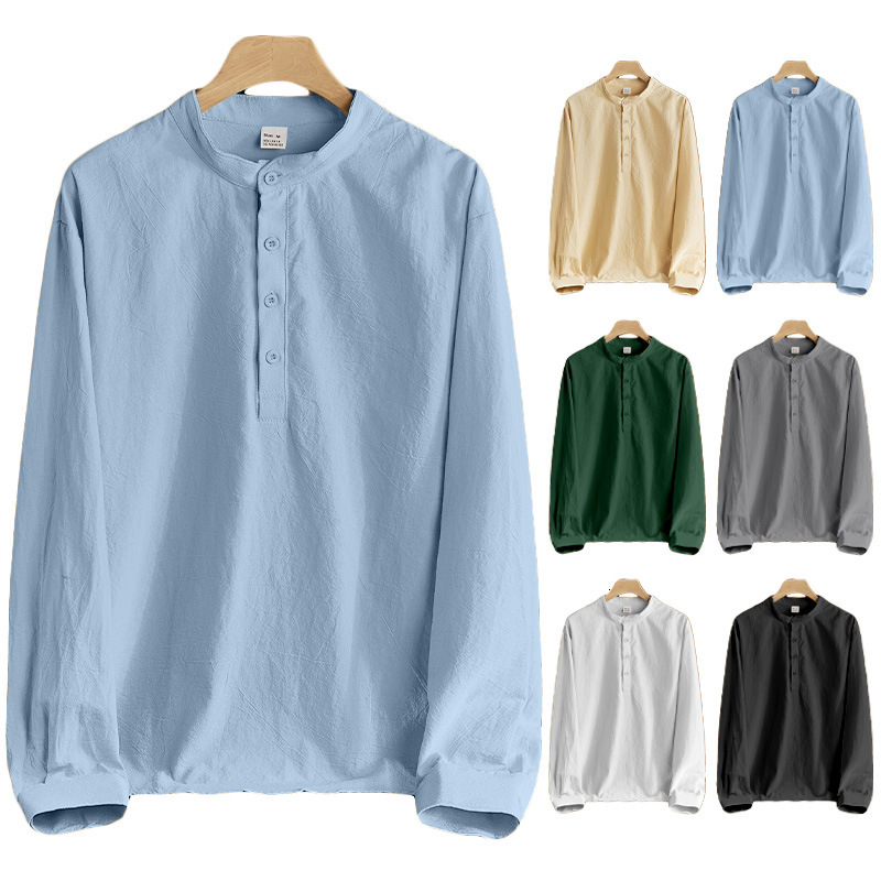Men's Loose Designer T-shirt Polo Linen Solid Color Long Sleeve Designer Hoodie Stand Collar Top Men's Casual Shirt