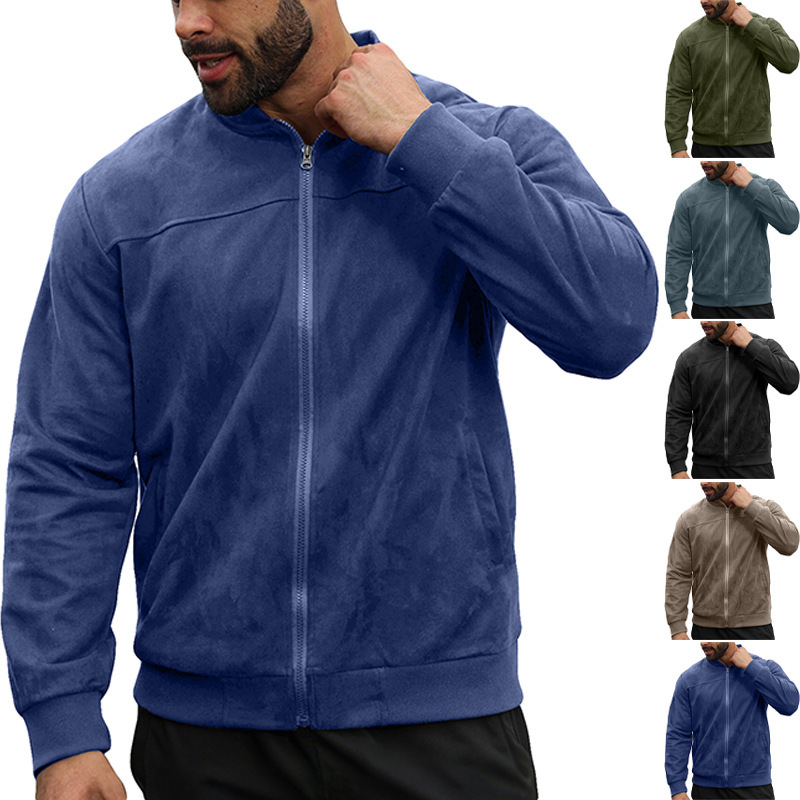 European And American Men's Designer Jacket Suede Zipper Jacket Solid Color Patchwork Design Simple Solid Color Coat