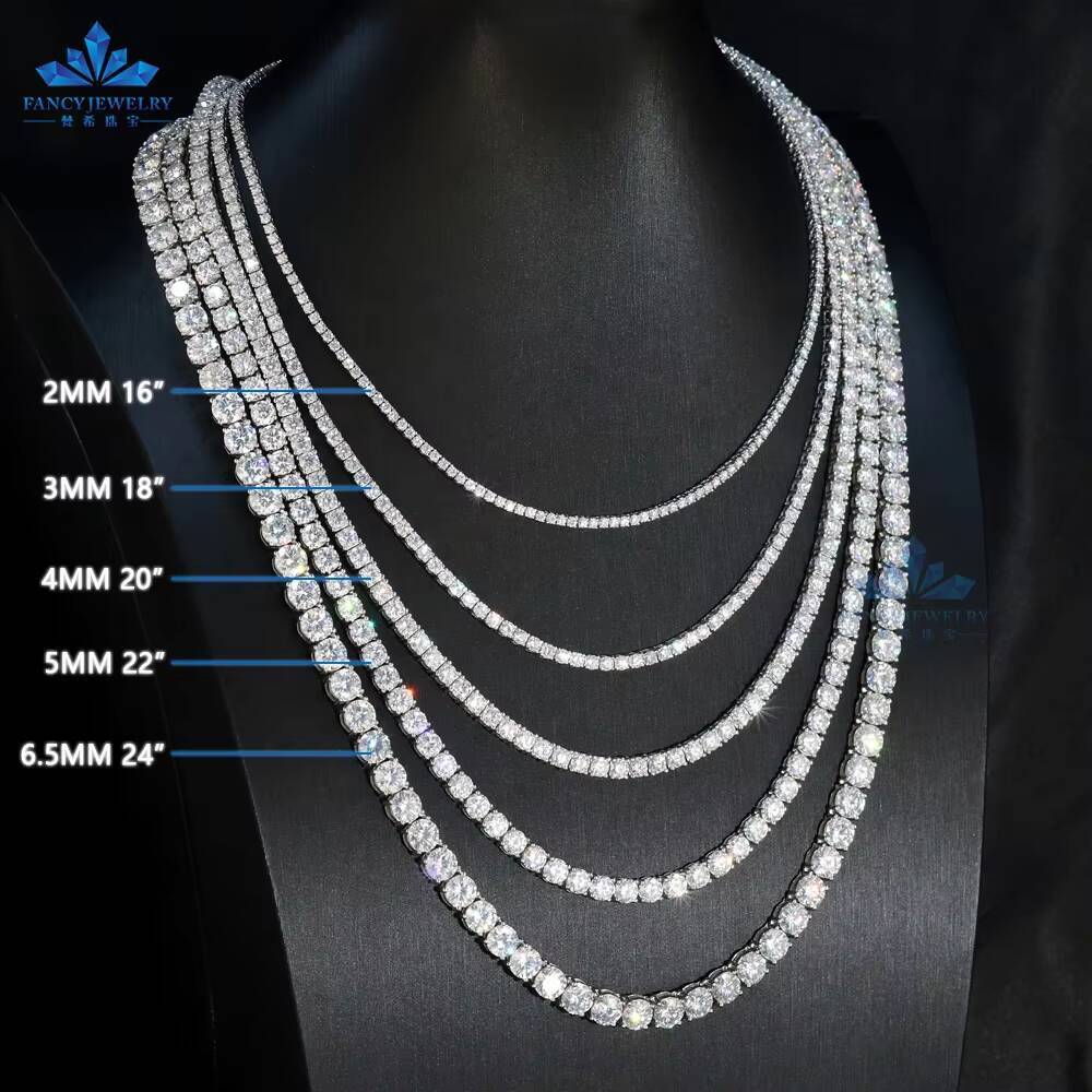 FANCY Affordable Hip Hop Jewelry 2mm 3mm 4mm 5mm 65mm VVS D Moissanite Tennis Chain Necklace 925 Sterling Silver