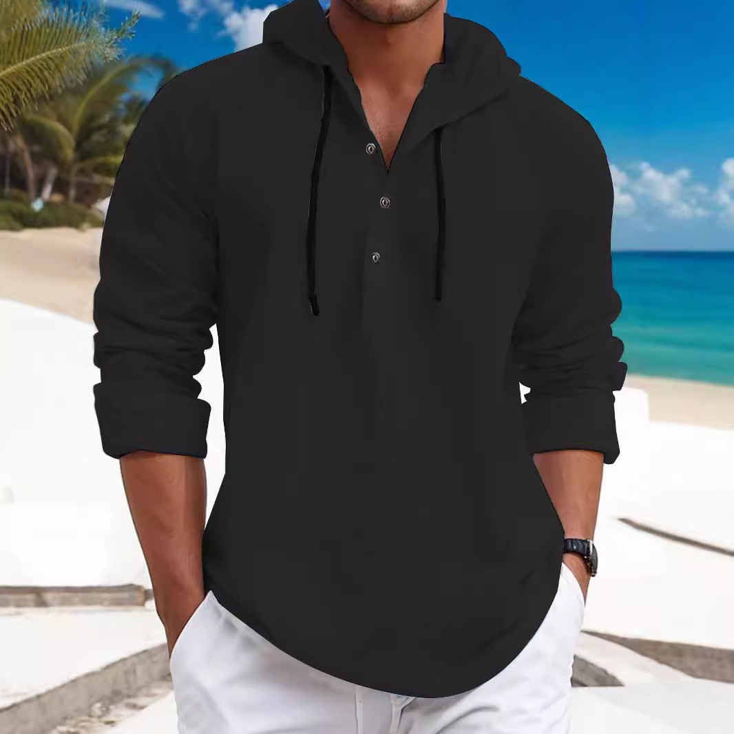 Polo European And American Fashion Men's Hoodie Pearl Cotton Longsleeve Hooded Solid Color Swea Shirt With Halfzip And Drawstring