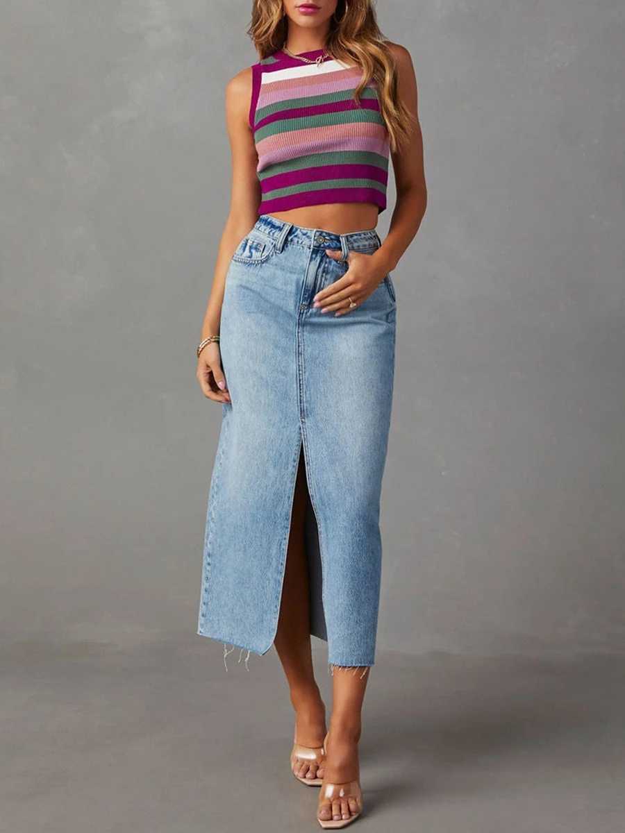 2024 New Fashion Women Denim Skirt Elegant High Waist Skirt Slit Summer Long Skirt for Casual Daily M260316