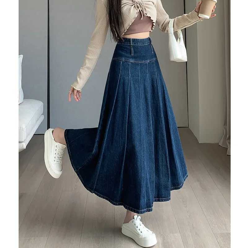 Minimalist Pleated Denim Skirts Spring Autumn High Waist Washing Ladies Straight Loose Folds Mini Skirts Lady Big Swing Skirt M260316
