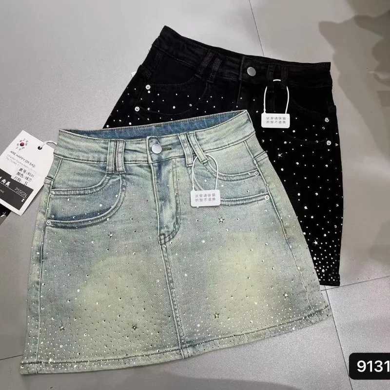Starry Hot Rhinestone Denim Skirt for Women 2026 Summer New Retro Slimming A-Line Sheath Denim Skirt Black Y2k Faldas M260316