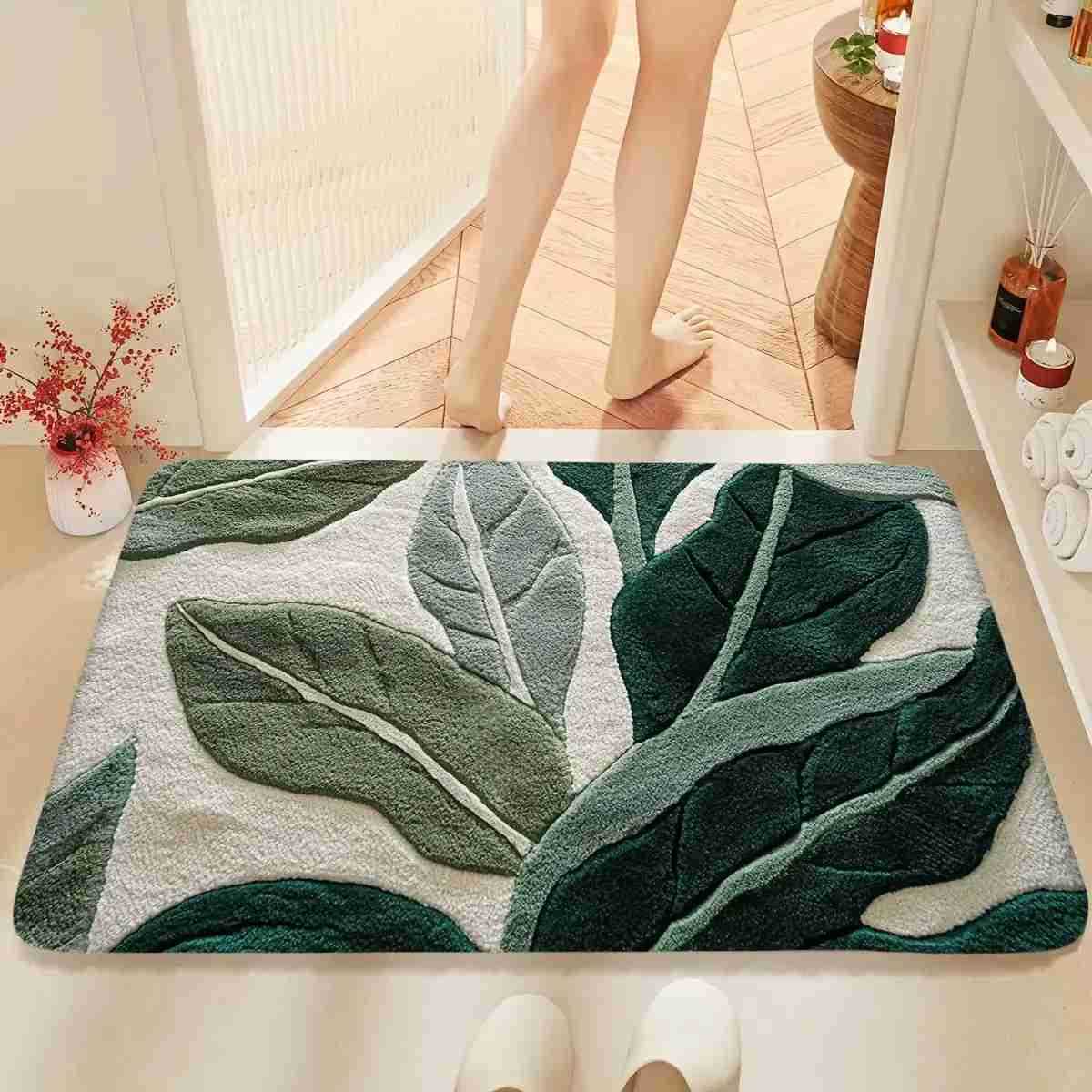 3pcs Abstract Green Leaf Print Bathroom Rug Set - U-Shaped Toilet Mat Bath Mats Soft Flannel Non-Slip Bath Mat with Elegant H260316