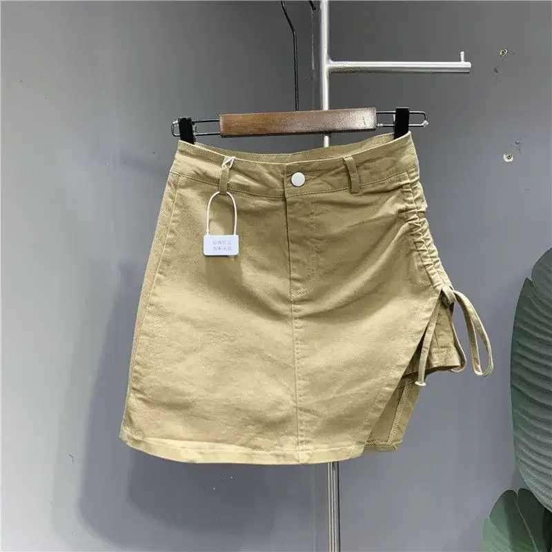Pink denim skirt female 2024 summer new design sense irregular drawstring casual fashion temperament slim A-line skirt M260316