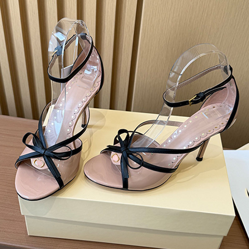 Designer Patent Leather Kidskin Bepointy Sandals classic Bow straps Adjustable ankle strap Wedding high heels antique-effect brass finish banquet Stiletto Heel