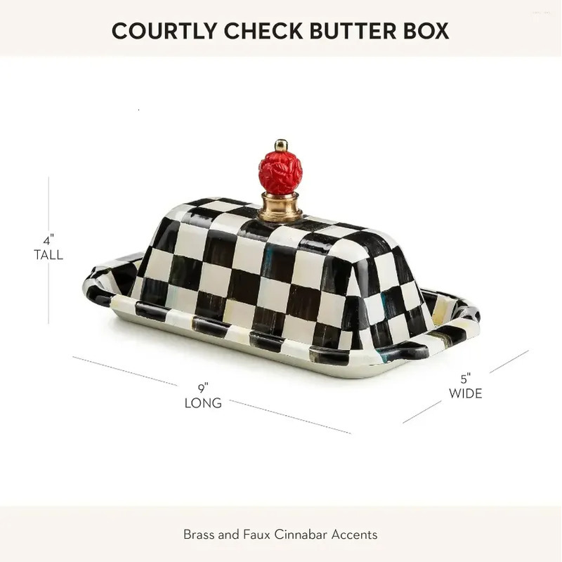 Courtly Check Enamel Butter Dish Black White Lidded Butter Box with Red Berry Knob Vintage Kitchen Storage for Butter & Table Decor