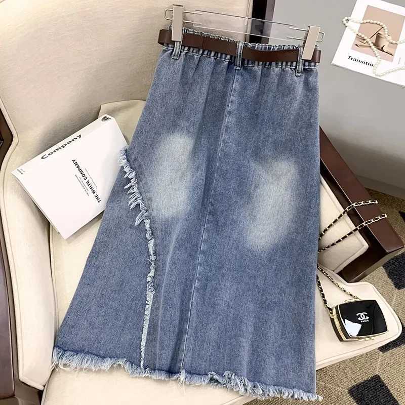 High waisted Denim Skirt 5XL Women 2025 New Slim Vintage Tassel Jeans A-line Skirts Casual Womens Long Skirt Street Clothing M260316