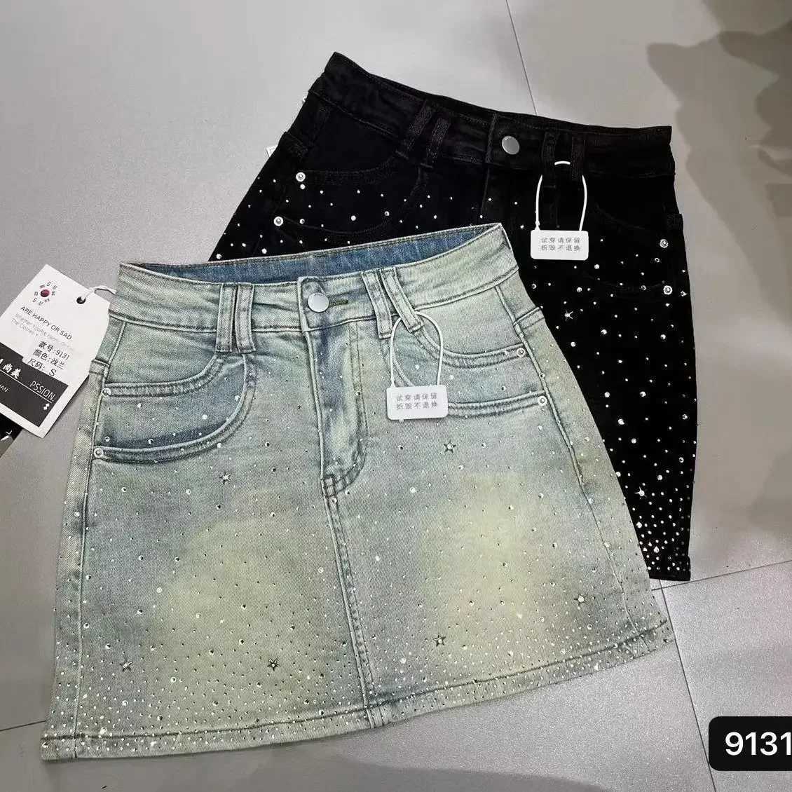 Starry Hot Rhinestone Denim Skirt for Women Summer New Retro Slimming a-Line Sheath Denim Skirt M260316