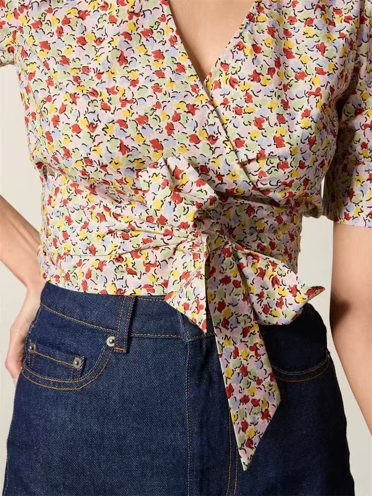 Frenchstyle RO Designer Hoodie New Summer Fshion Pure Cotton Printed Vneck Puff Polo Shirt Sleeve Wrpround Designer Shirt Tie Shirt Short Top