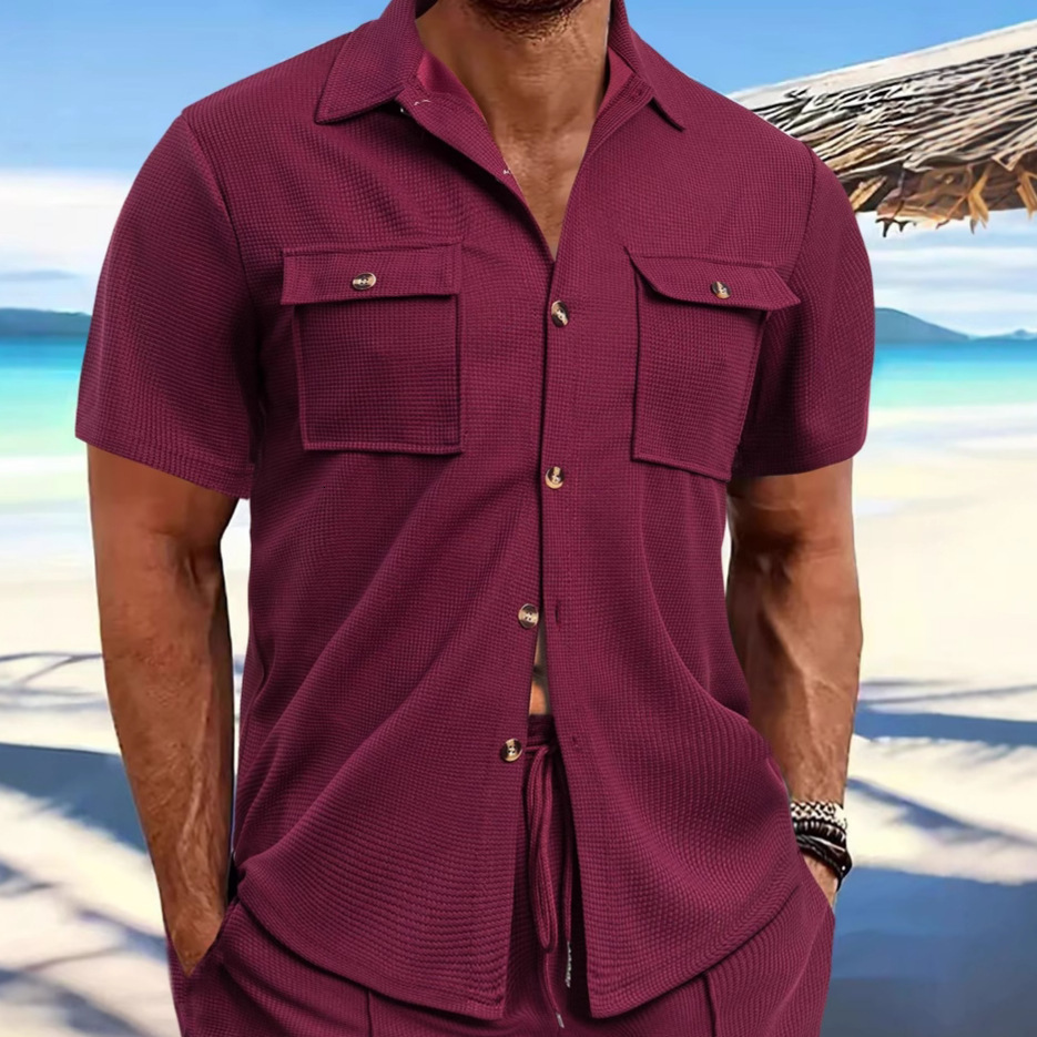 Summer European And American Men's Waffle Short Designer Hoodie Sleeve Designer T-shirt Polo Casual Solid Color Collar Button Pocket Shirt