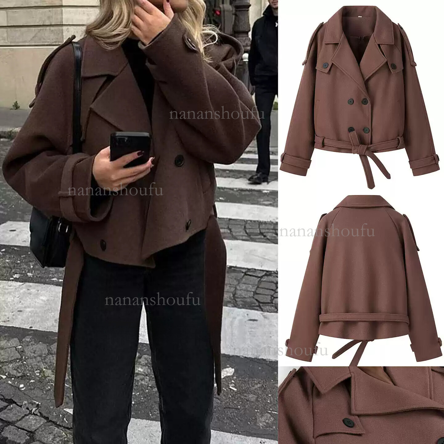 2026 Fashion Wool Collar Designer Jacket European And American Luxury Trendy Versatile Loose Double Button Jacket With Strap Long Sleeve Women's 