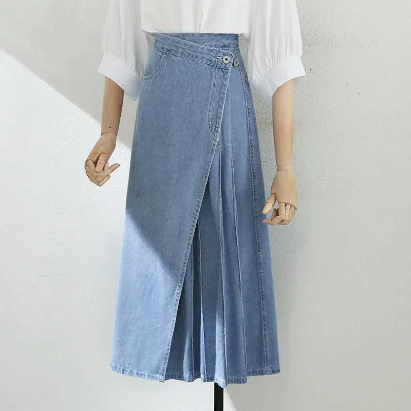 Irregular Pleated Baggy Denim Skirt Women Casual High Waist Vintage Faldas Korean Fashion Streetwear Loose A-lined Jean Skirts M260316