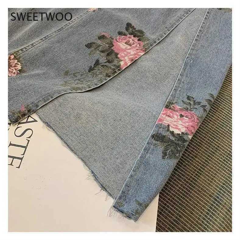 Streetwear Vintage Flowers Print Long Denim Skirts Summer 2021 High Waist Slim Sexy Open Split Straight Skirt Jeans Saias Female M260316
