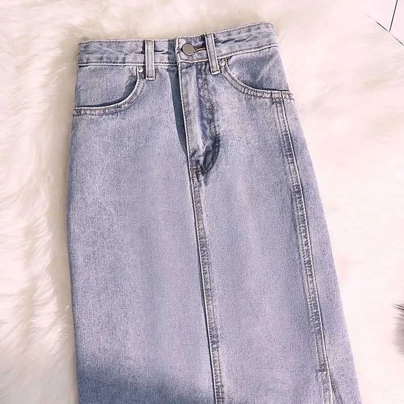 Denim Skirts Women High Waist Vintage Distressed Slim Long Hip-skirt A-line Elegant Fashion Side Slit Pockets Harajuku Modern OL M260316