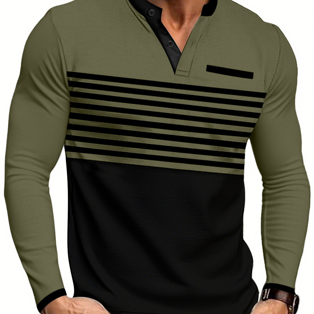 European Polo And American Summer New Men's Longsleeve Vneck Contrast Color Striped Designer Hoodie Slim Fit Designer T-shirt Business Casual