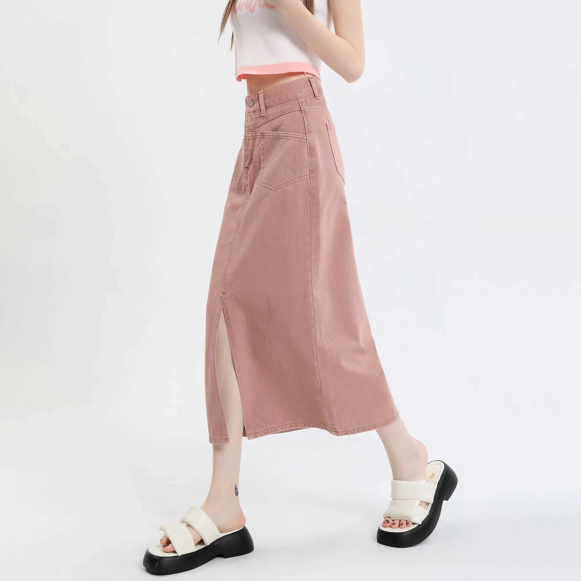2026 New Women Slit A-line Midi Skirt Korean Female CloTHing Cotton Pink Y2k Denim Long Skirts Womens CloTHing M260316