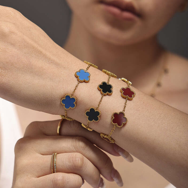 Women's Designer Bracelet: Multicolor Agate Five-leaf 18k Gold Bracelet Light Luxury Elegant Flower Chain Daily Luxury Jewelry Wholesale