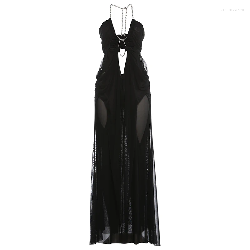 Casual Dresses Weird Puss Sexy See Through Dress Women Halter Chain Backless Irregular Ruched Patchwork Vacation Birthday Party Clubwear