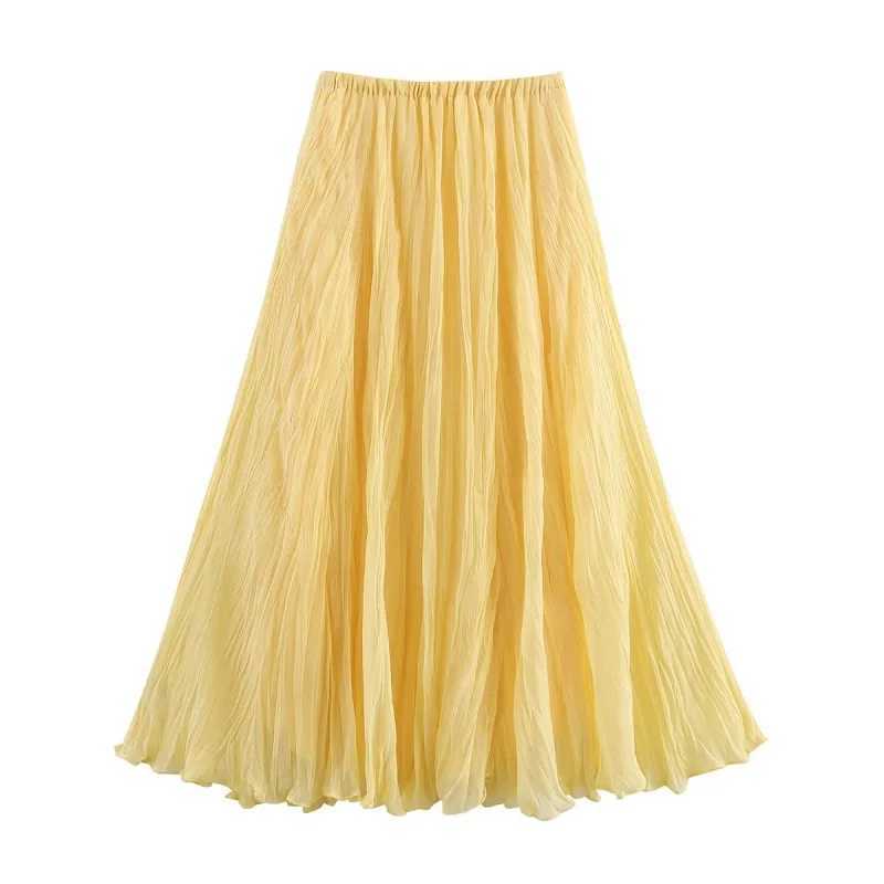 MUJER Yellow Pleated Long Skirts for Women Layered High Waist Midi Skirt Woman Summer Ruched Womens Skirt Beach Skirt Women M260316