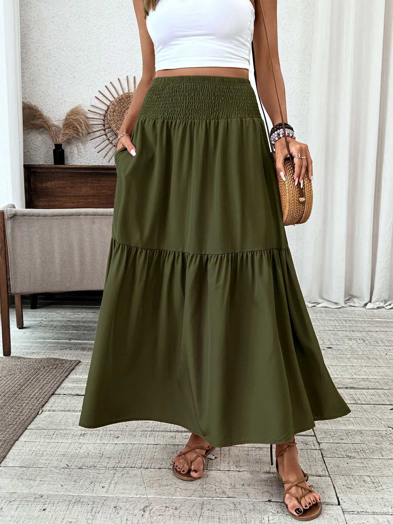 Womens Boho Skirt Elastic High Waist Pleated A-Line Flared Maxi Skirts Womens Flowy Long Skirts M260316