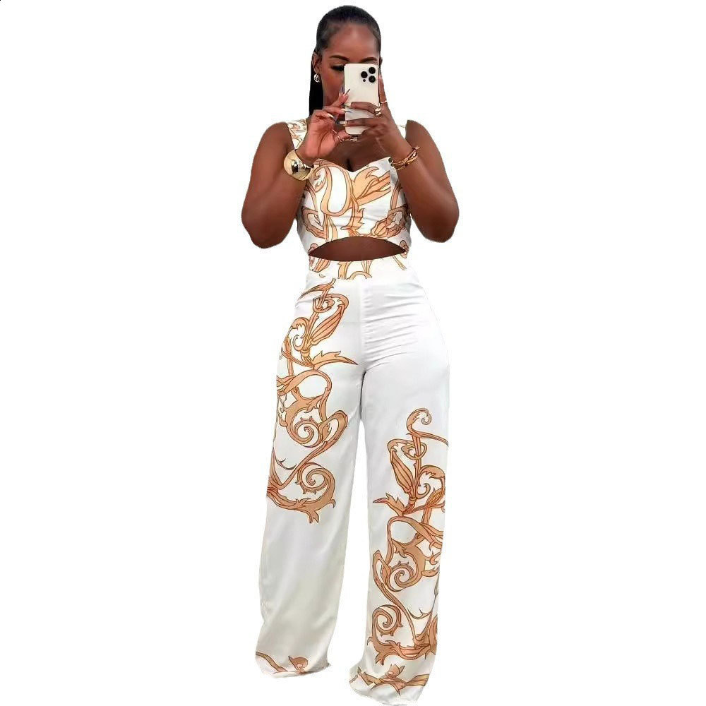 S10805 Sexy Printed Camisole HighWaisted WideLeg Pants TwoPiece Set 240816