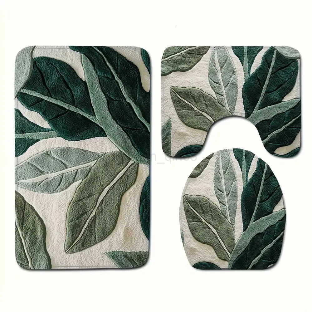 3pcs Abstract Green Leaf Print Bathroom Rug Set - U-Shaped Toilet Mat Bath Mats Soft Flannel Non-Slip Bath Mat with Elegant H260316