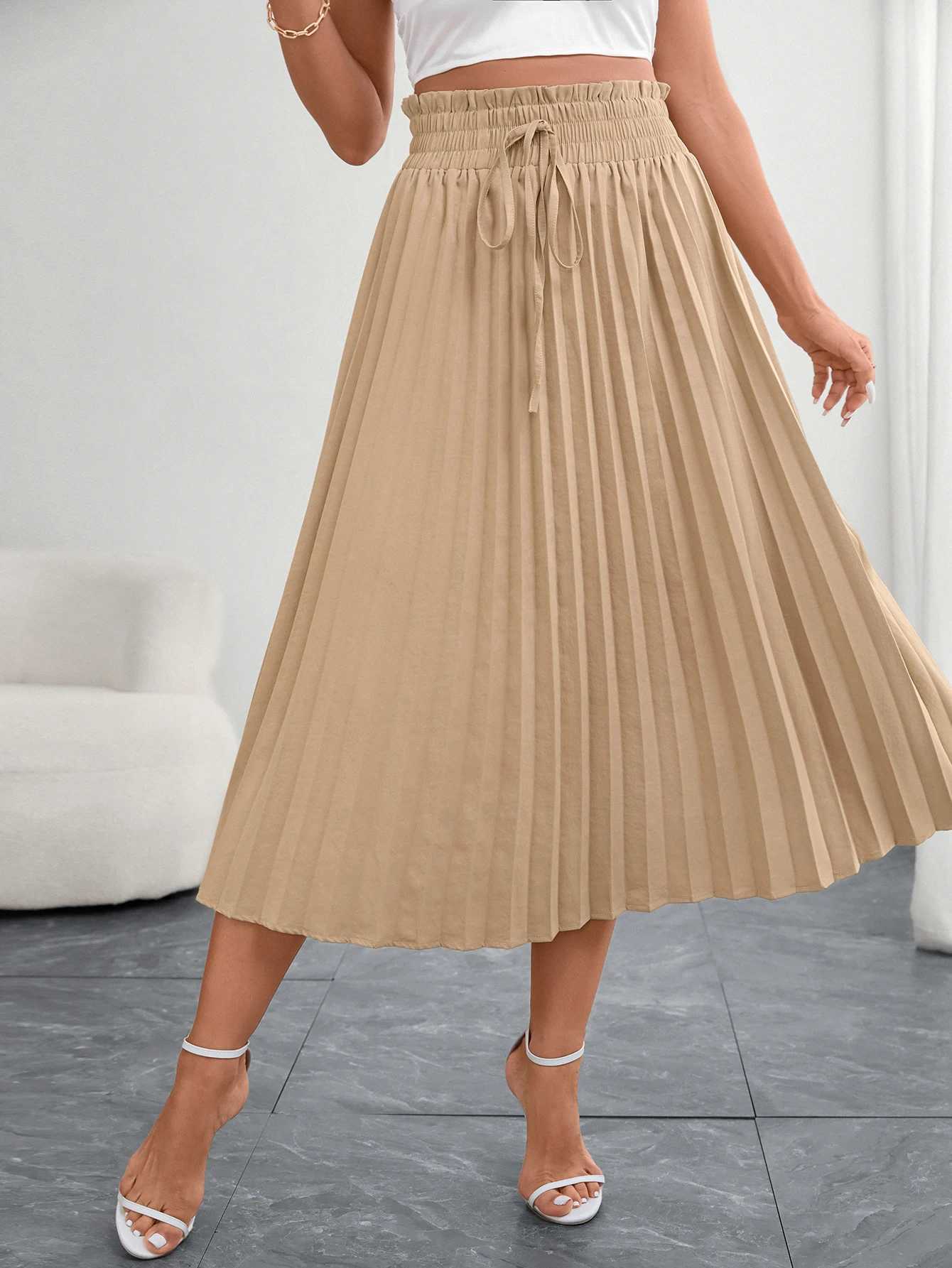 Womens Beige Pleated Midi Skirt Elegant a Line Half Skirt with Elastic Waistband Perfect for Office Wear M260316