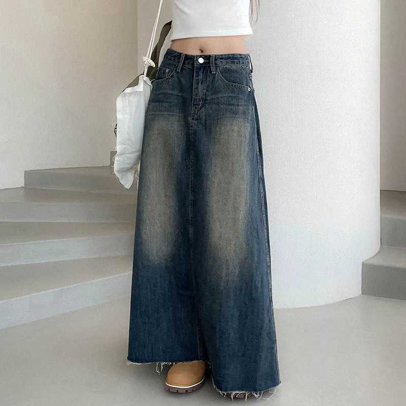 Lucyever Vintage Washing Denim Skirt for Women Y2K Aesthetic High Waisted Maxi Skirts Female Fashion Streetwear Long Jean Skirt M260316