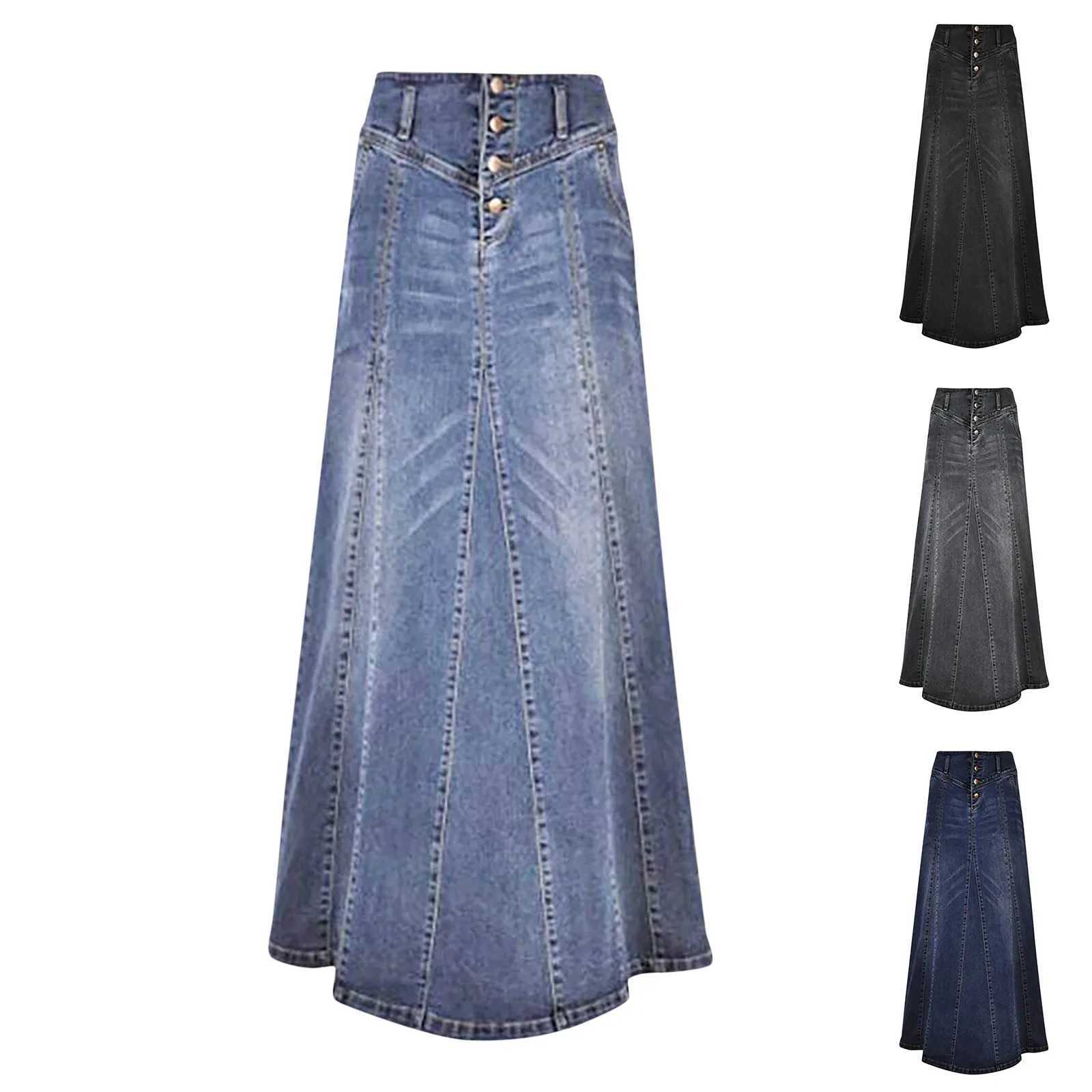 Women Vintage Denim Skirt High Waist Patchwork Skirt Streetwear A-Line Washed Solid Color Pockets Buttons Female Long Skirts M260316