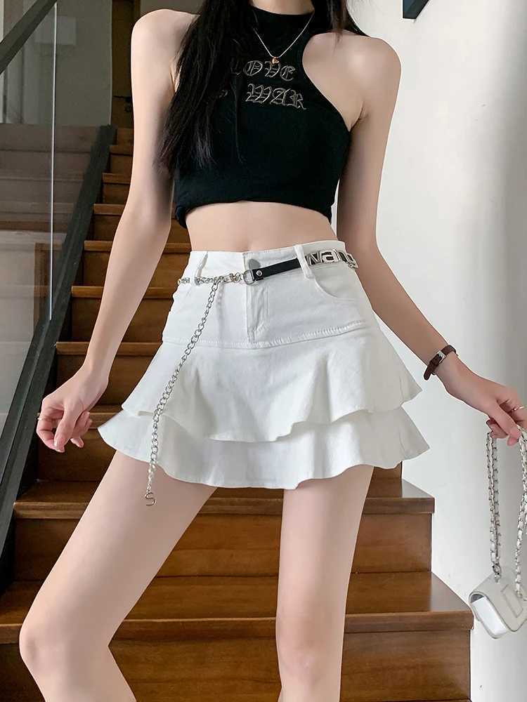 Vintage Woman Denim Shorts Skirts Summer 2023 Streetwear All Match Washed KAWaii Gown Ruffles Mini Jeans Saias Femme M260316