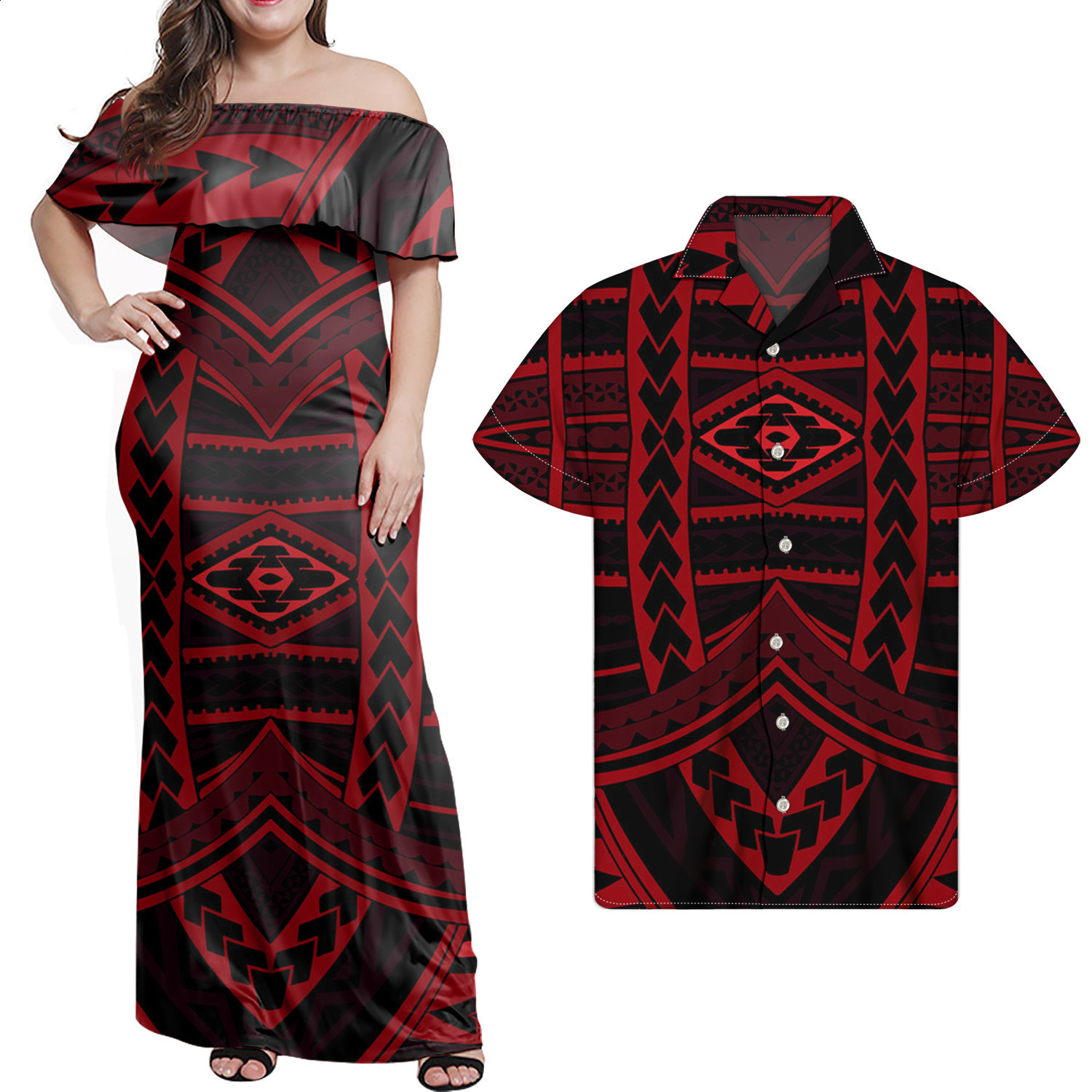 Polynesian Tribal Sublimation Print Lady Party Mermaid Style Dress Women's Long Fishtail Dress And Men Shirt Couple Suit 220628