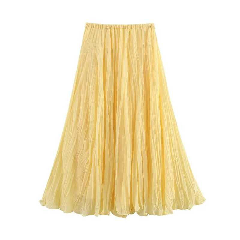 MUJER Yellow Pleated Long Skirts for Women Layered High Waist Midi Skirt Woman Summer Ruched Womens Skirt Beach Skirt Women M260316