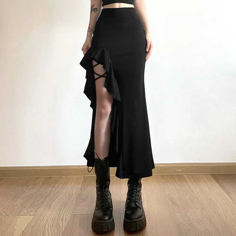 Women Spring Autumn Lace-up Slit Skirt Female Sexy Slim Wrap Hips Asymmetrical Skirts New Style Fashion Ankle-Length Midskirts M260316