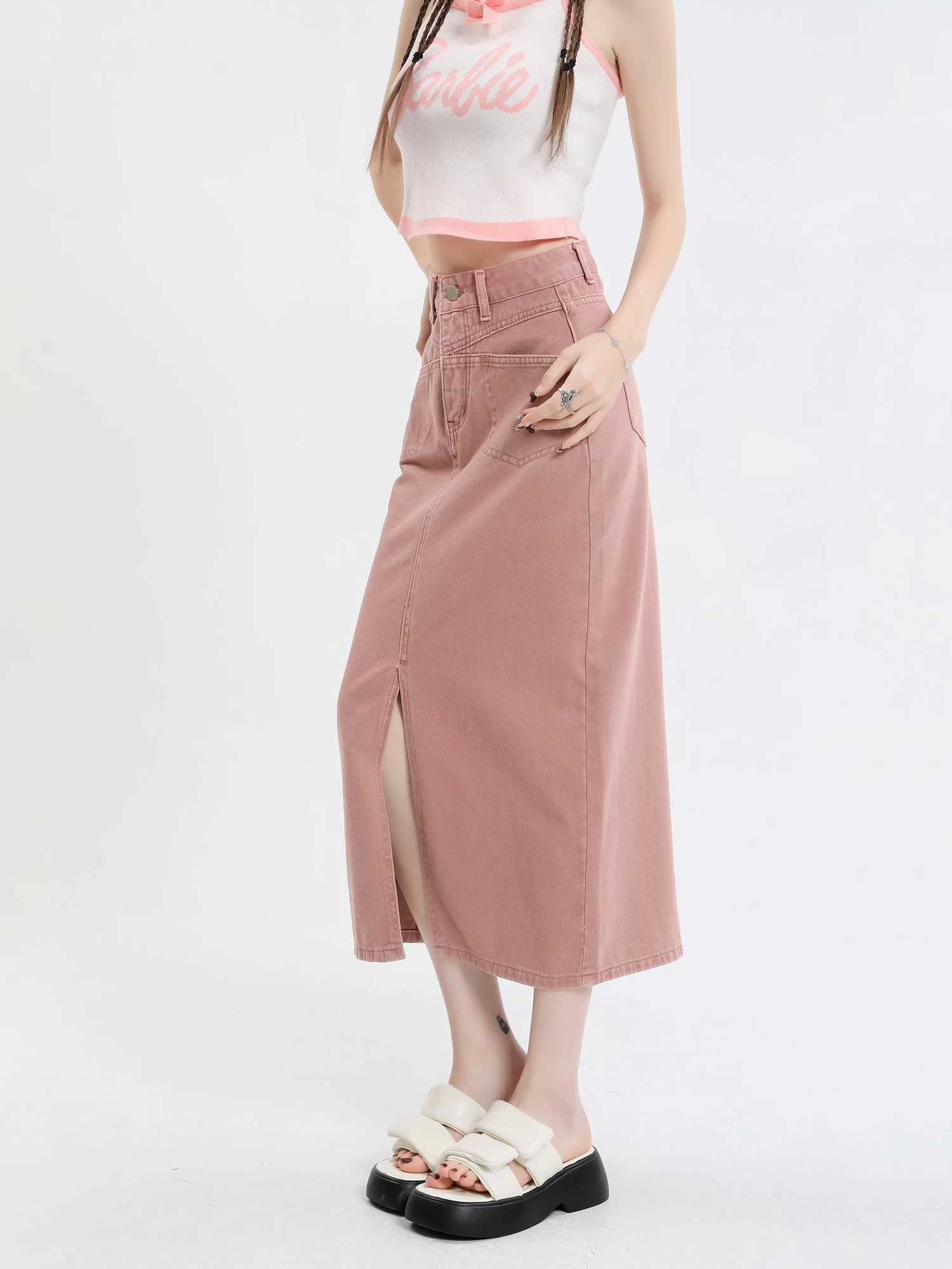 2026 New Women Slit A-line Midi Skirt Korean Female CloTHing Cotton Pink Y2k Denim Long Skirts Womens CloTHing M260316