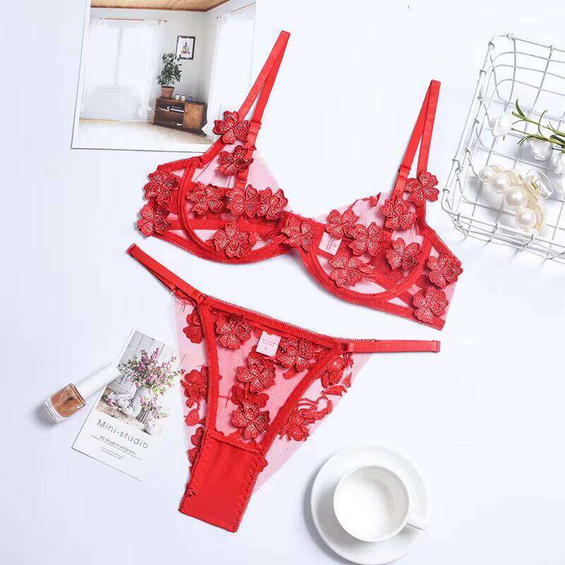 2025 New Product Sexy Bra Embroidery Flower Perspective Women's Sex Underwear Set