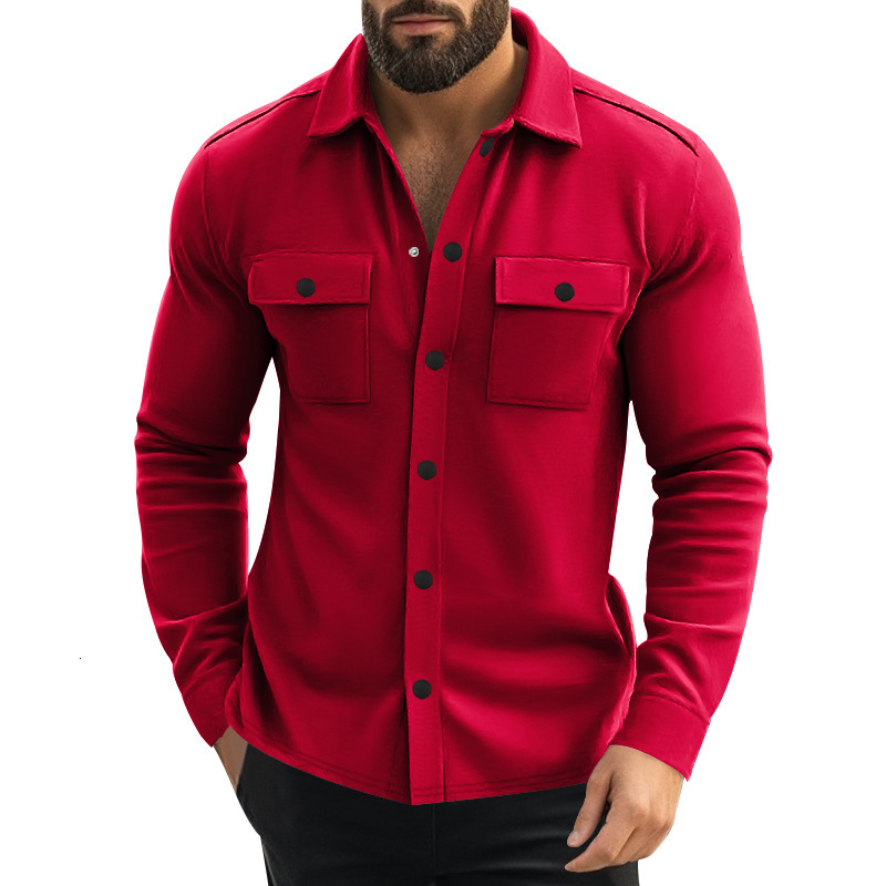 European And Polo American Size Men's Solid Color Fleece Collar Multipocket Hoodie Singlebreasted Casual Jacket For Autumn Shirt And Winter