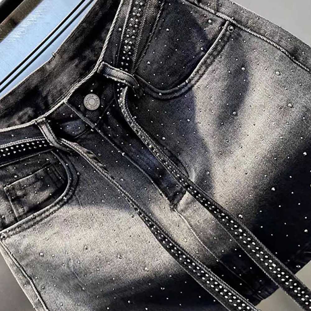 Oversize Retro Denim Mini Skirt for Women Summer High Waist Shiny Rivet Slim Skirts Gradient Black Grey Jean Skirts M260316