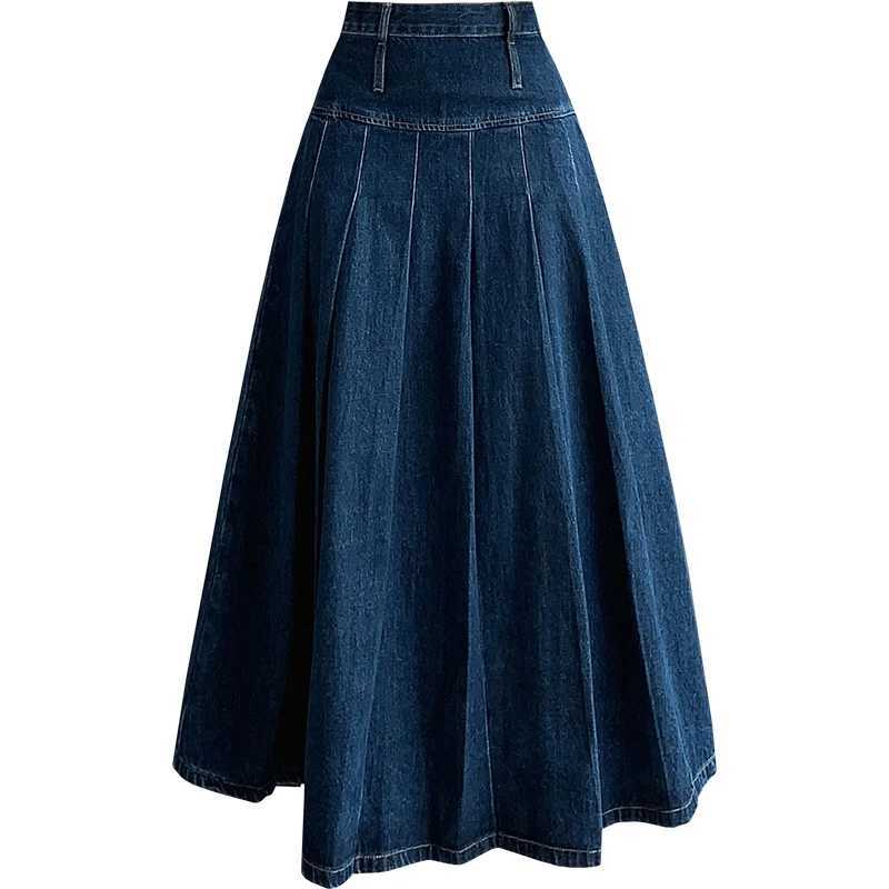 Minimalist Pleated Denim Skirts Spring Autumn High Waist Washing Ladies Straight Loose Folds Mini Skirts Lady Big Swing Skirt M260316