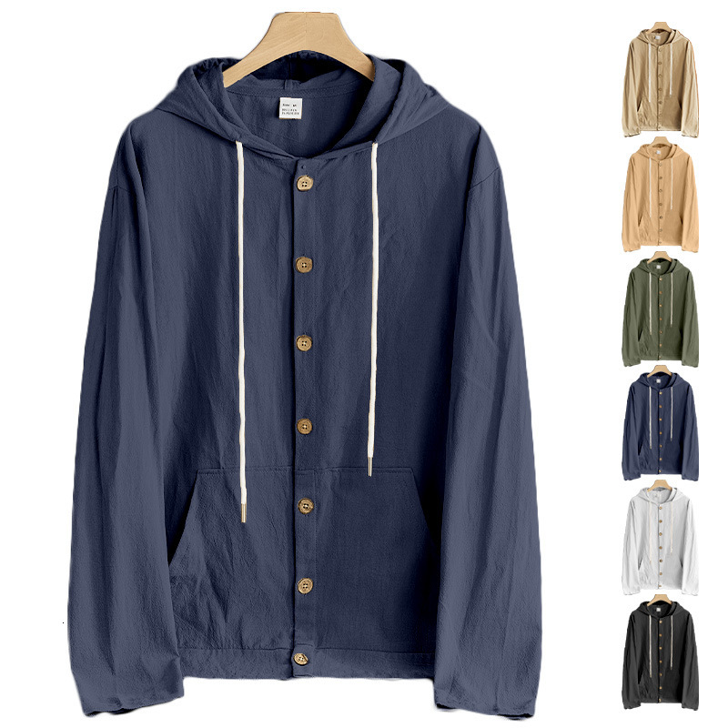 2026 European And American Spring Autumn Men's Button Designer Hoodie Shirt Loose Cotton Linen Casual Designer T-shirt Simple Beach Polo Hooded Long Sleeve Jacket