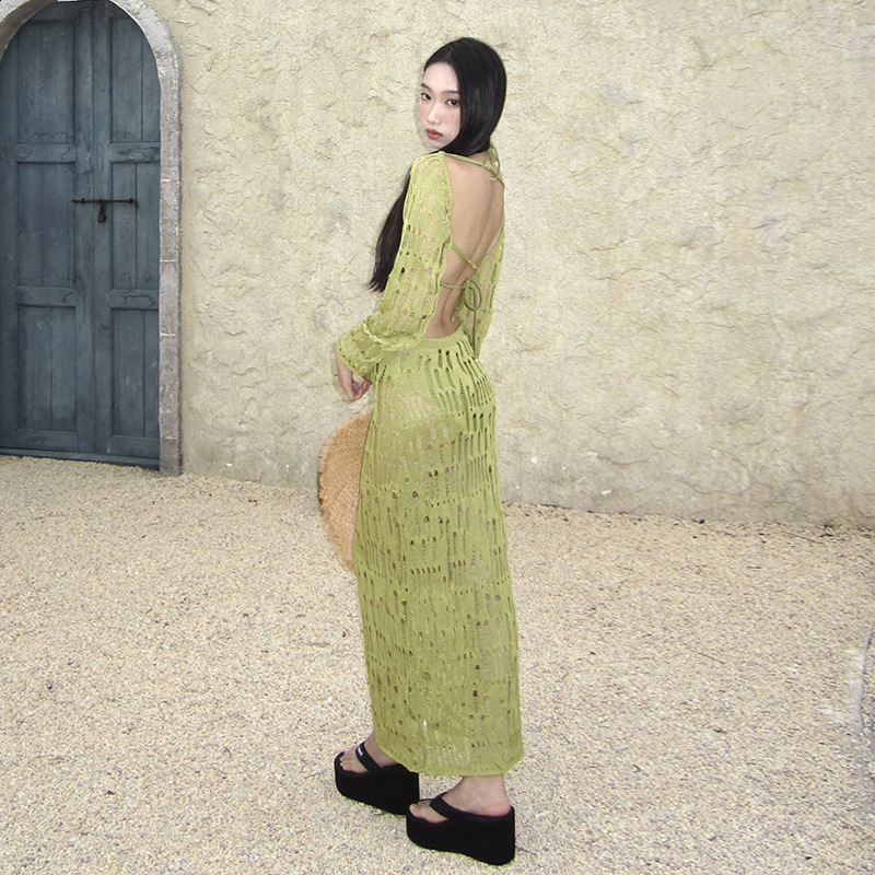 Sexy Off Shoulder Tassel Split Sling Dress Women Backless Long Sleeved Slim Robes Fashion Lady Vacation Beach 240823