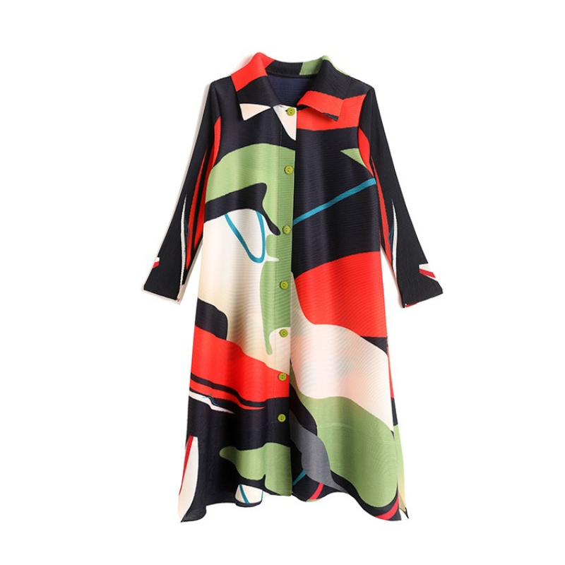 OC448M75 Women's Lolita Style Paisley Print Casual Dress Long Sleeve Button Down Open Front Wrinkle Detail Spring Autumn Coat Dress