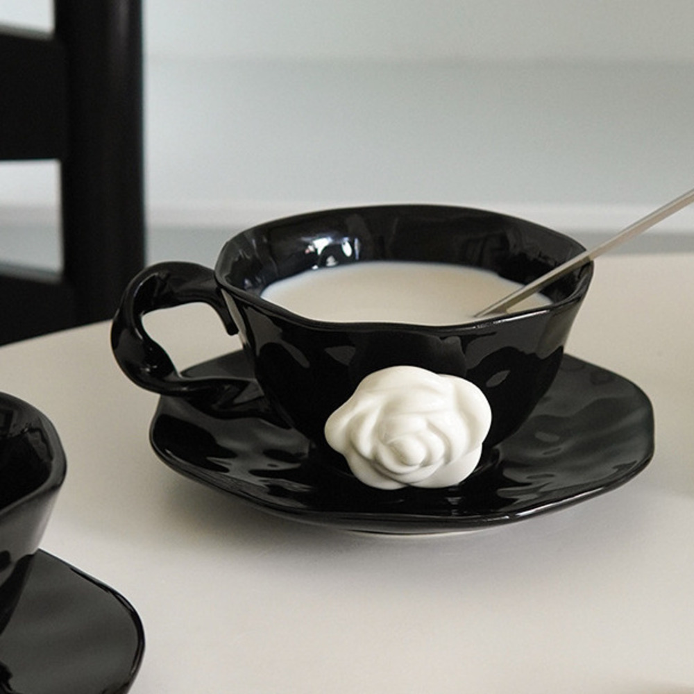 Eight-Sided Camellia and Saucer 1 Piece Cup High-End Exquisite Gift Ceramic Breakfast Oat Milk Mug