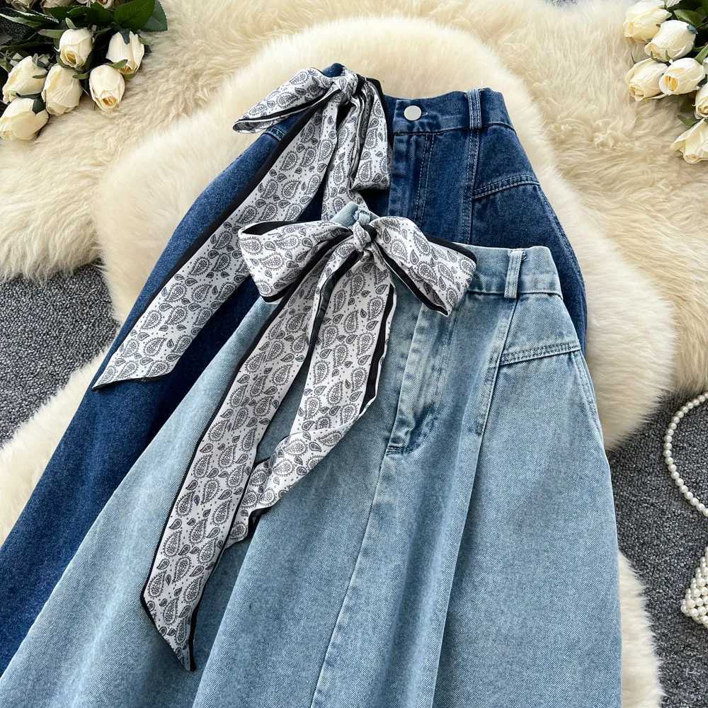 Women Solid Denim Skirts Scarve Skirt Ankle Lenth A Line High Waist Zipper Slight Strech Loose Fit Elegant Casual 2026 Spring M260316